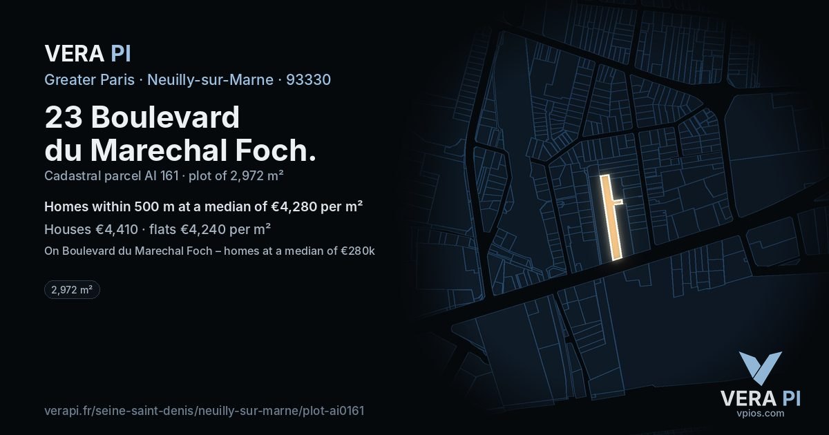 23 Boulevard du Marechal Foch, Neuilly-sur-Marne at night – the plot lit, the parcels around coloured by the prices near them