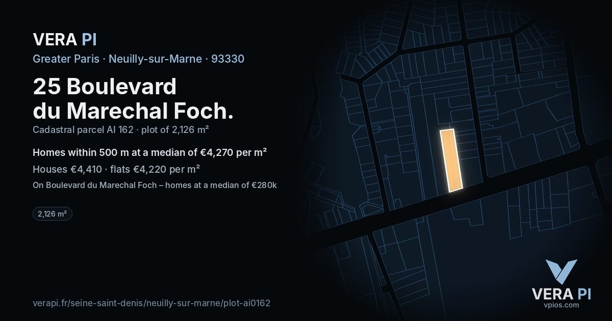 25 Boulevard du Marechal Foch, Neuilly-sur-Marne at night – the plot lit, the parcels around coloured by the prices near them