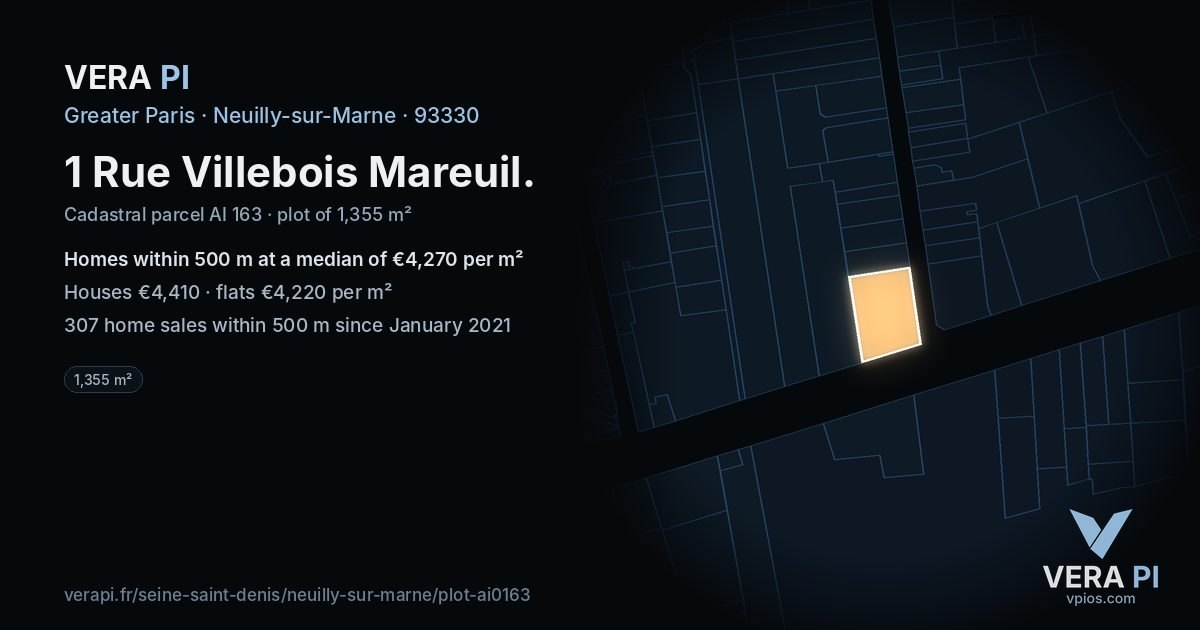 1 Rue Villebois Mareuil, Neuilly-sur-Marne at night – the plot lit, the parcels around coloured by the prices near them