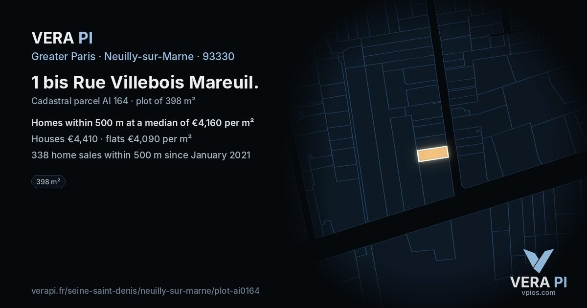 1 bis Rue Villebois Mareuil, Neuilly-sur-Marne at night – the plot lit, the parcels around coloured by the prices near them