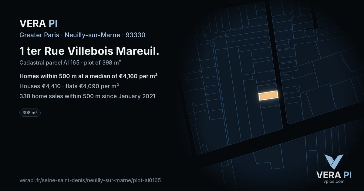 1 ter Rue Villebois Mareuil, Neuilly-sur-Marne at night – the plot lit, the parcels around coloured by the prices near them