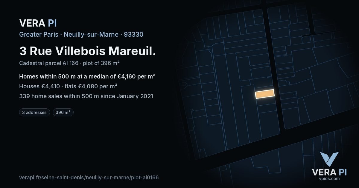 3 Rue Villebois Mareuil, Neuilly-sur-Marne at night – the plot lit, the parcels around coloured by the prices near them
