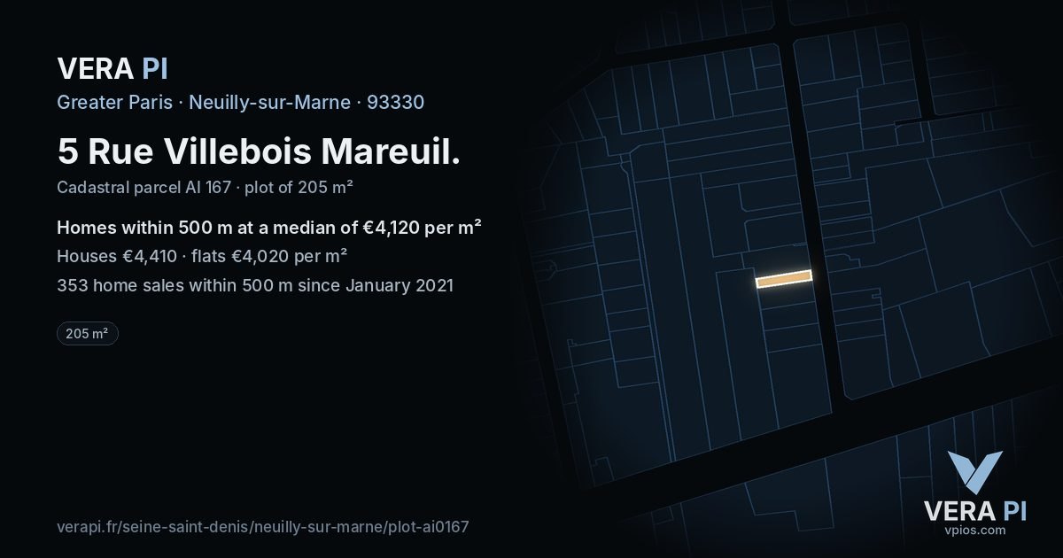 5 Rue Villebois Mareuil, Neuilly-sur-Marne at night – the plot lit, the parcels around coloured by the prices near them