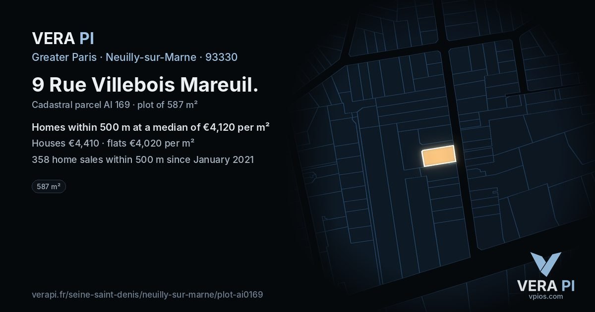 9 Rue Villebois Mareuil, Neuilly-sur-Marne at night – the plot lit, the parcels around coloured by the prices near them