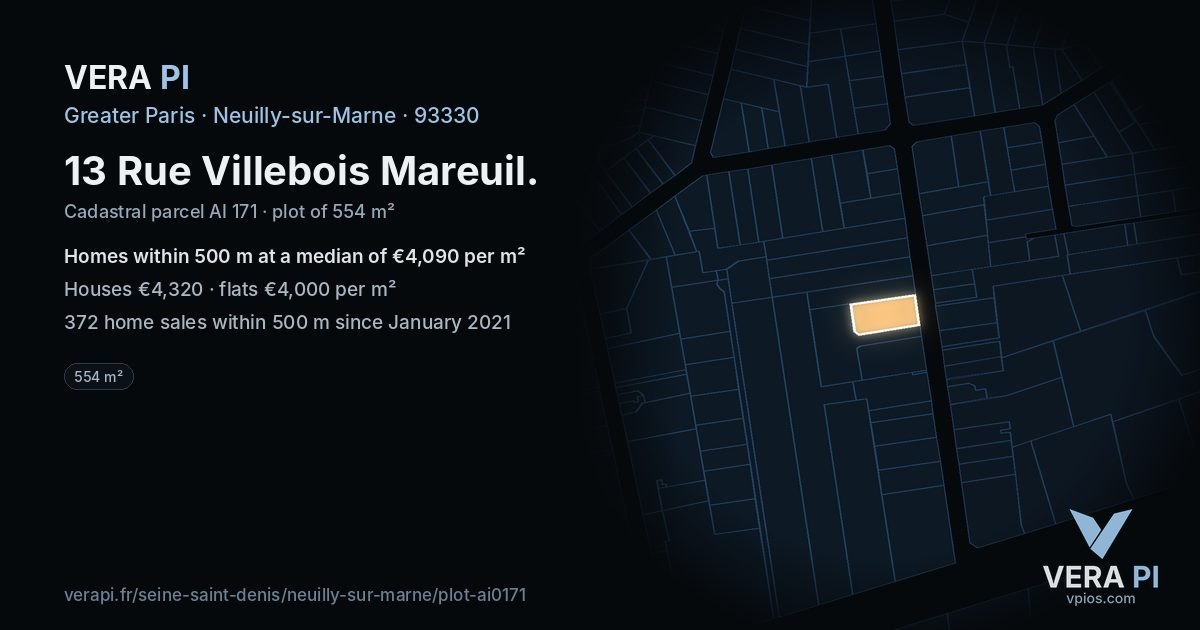 13 Rue Villebois Mareuil, Neuilly-sur-Marne at night – the plot lit, the parcels around coloured by the prices near them