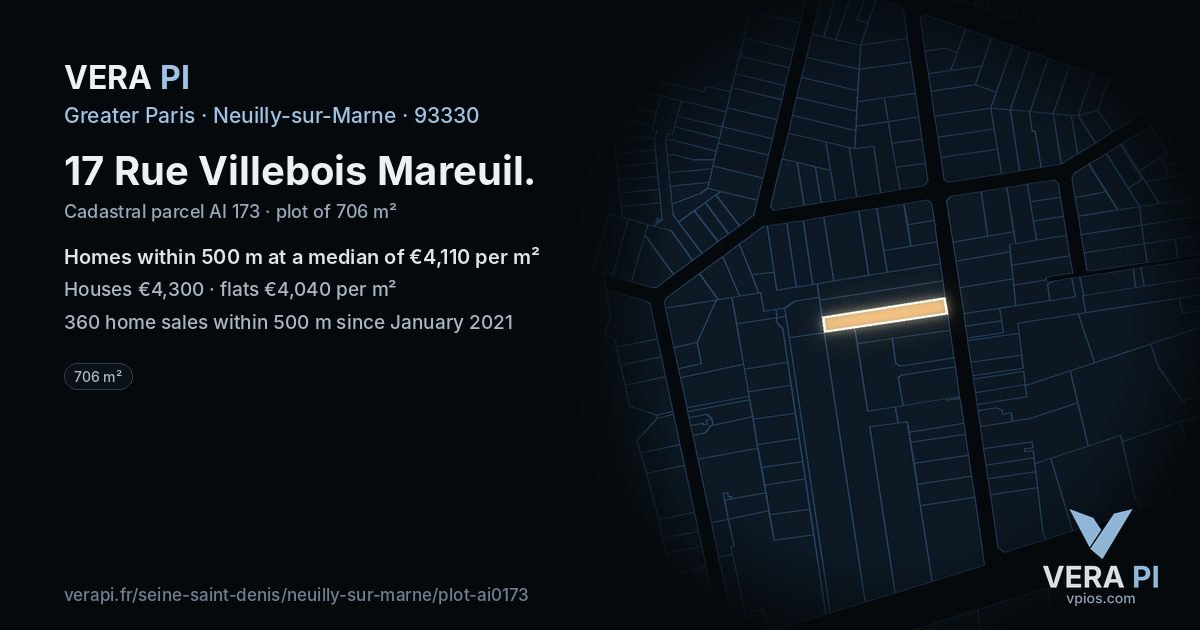 17 Rue Villebois Mareuil, Neuilly-sur-Marne at night – the plot lit, the parcels around coloured by the prices near them