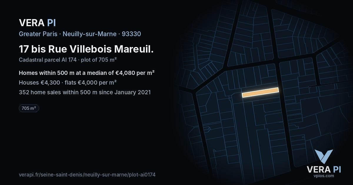 17 bis Rue Villebois Mareuil, Neuilly-sur-Marne at night – the plot lit, the parcels around coloured by the prices near them