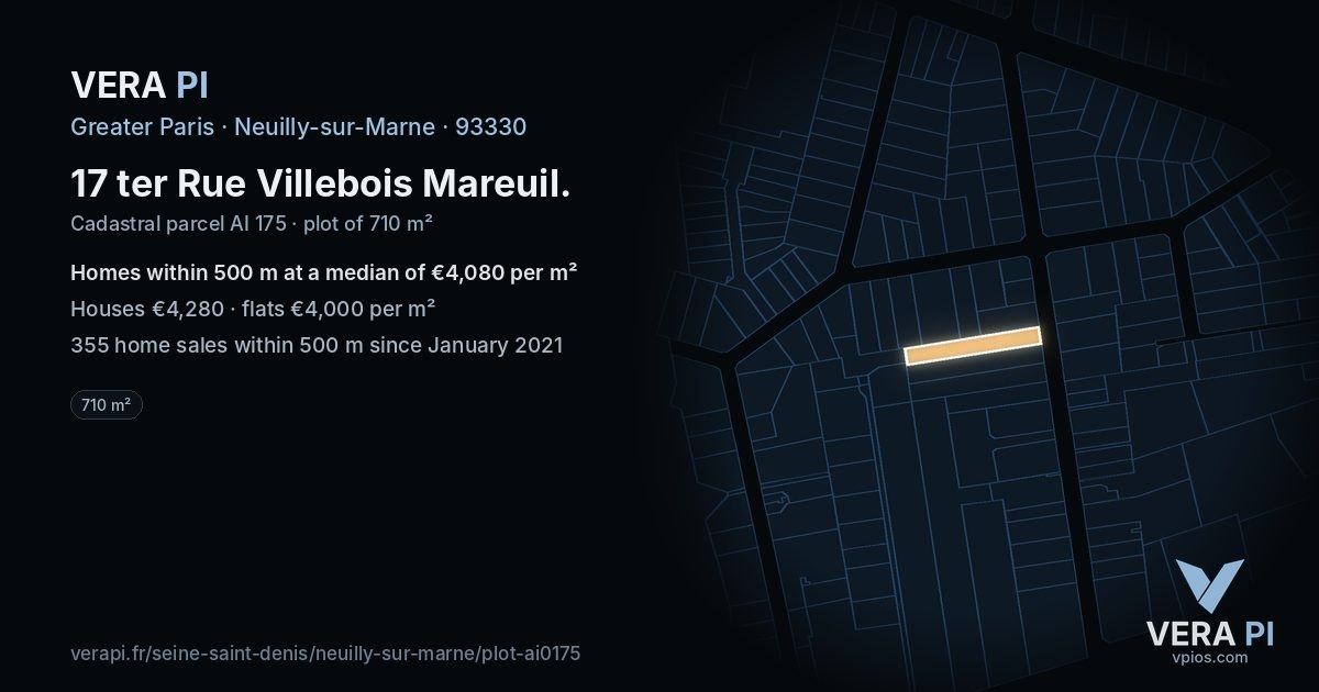 17 ter Rue Villebois Mareuil, Neuilly-sur-Marne at night – the plot lit, the parcels around coloured by the prices near them