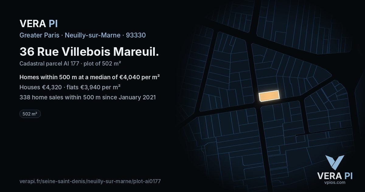 36 Rue Villebois Mareuil, Neuilly-sur-Marne at night – the plot lit, the parcels around coloured by the prices near them