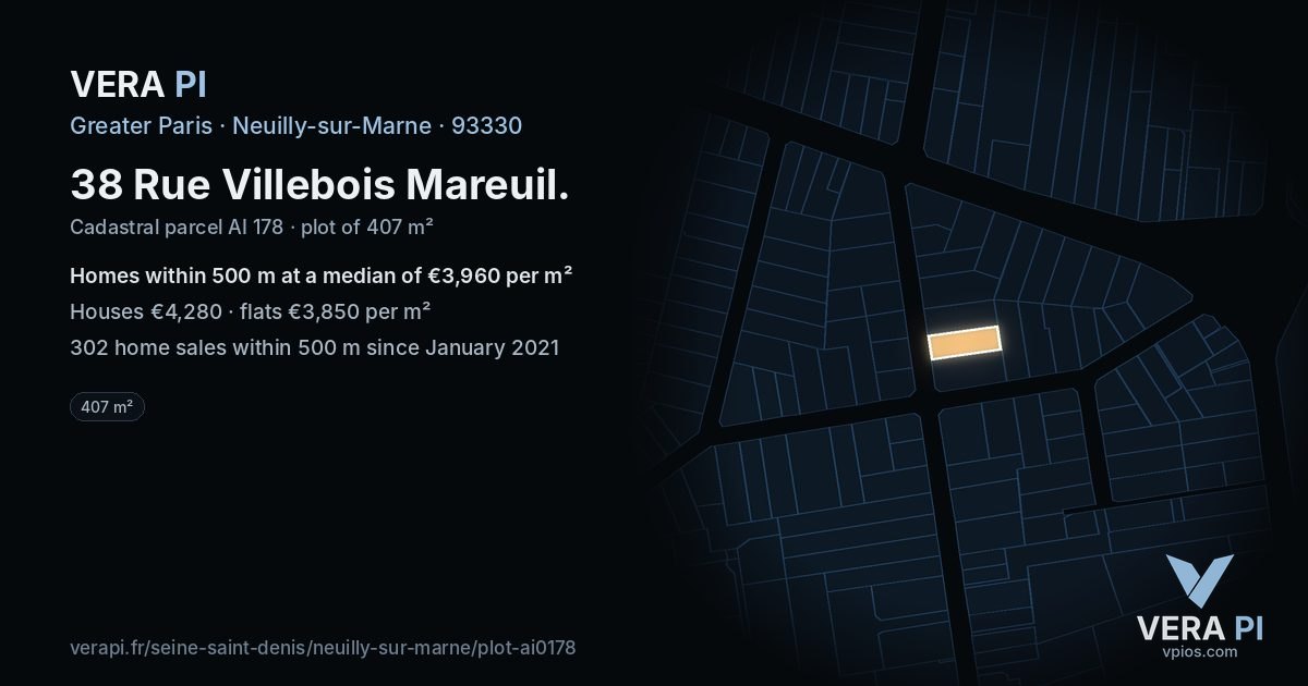 38 Rue Villebois Mareuil, Neuilly-sur-Marne at night – the plot lit, the parcels around coloured by the prices near them
