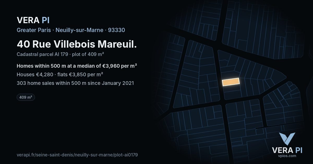 40 Rue Villebois Mareuil, Neuilly-sur-Marne at night – the plot lit, the parcels around coloured by the prices near them