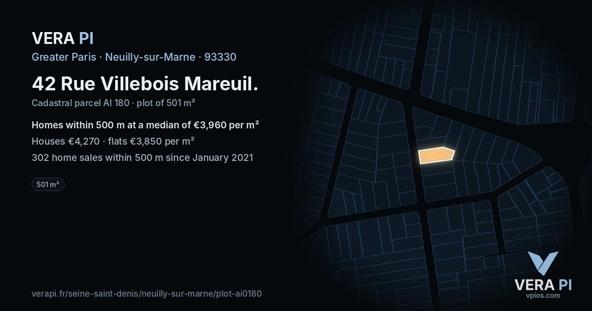 42 Rue Villebois Mareuil, Neuilly-sur-Marne at night – the plot lit, the parcels around coloured by the prices near them