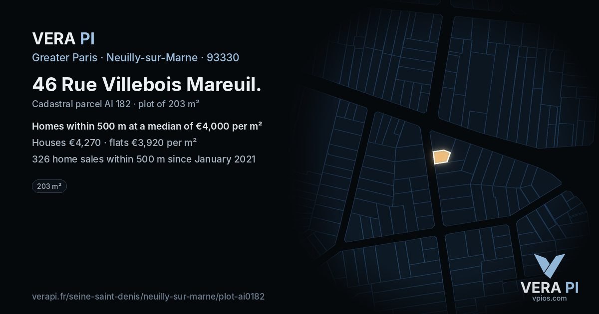 46 Rue Villebois Mareuil, Neuilly-sur-Marne at night – the plot lit, the parcels around coloured by the prices near them