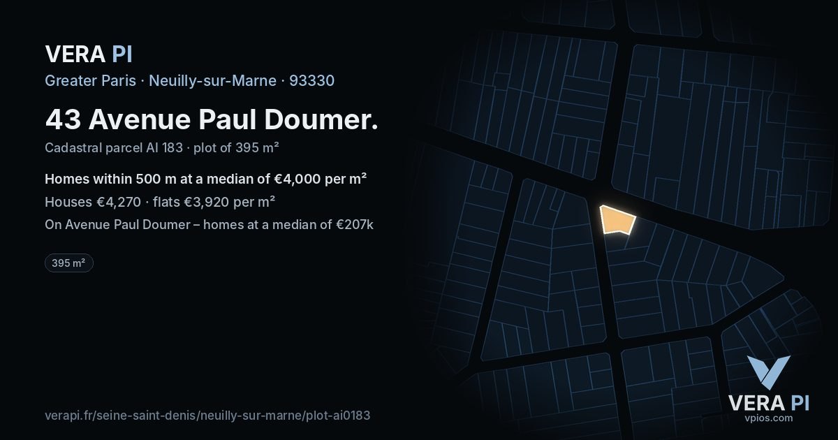 43 Avenue Paul Doumer, Neuilly-sur-Marne at night – the plot lit, the parcels around coloured by the prices near them