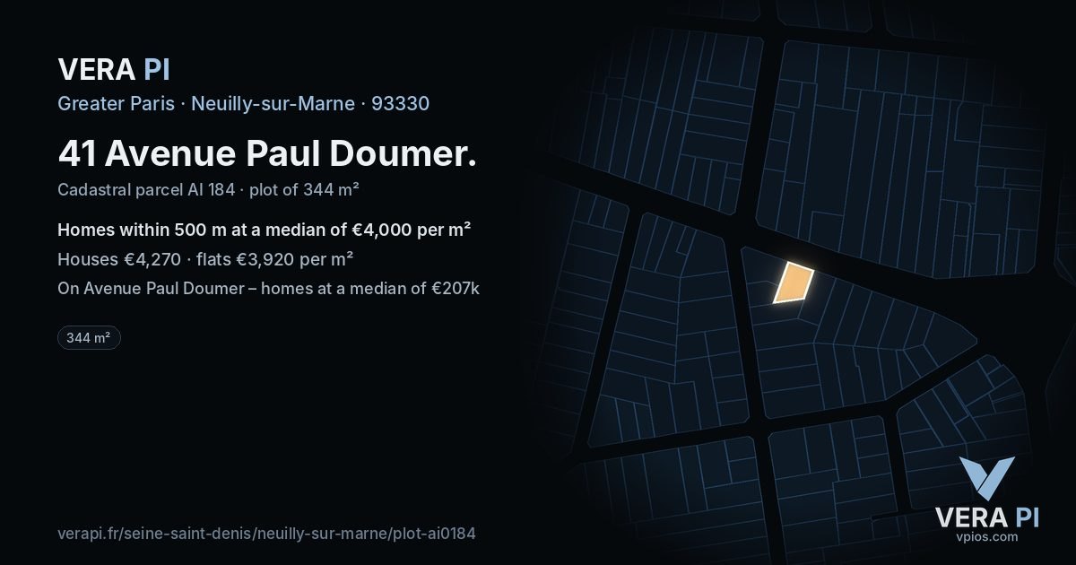 41 Avenue Paul Doumer, Neuilly-sur-Marne at night – the plot lit, the parcels around coloured by the prices near them