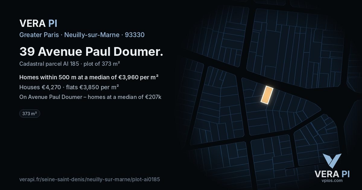39 Avenue Paul Doumer, Neuilly-sur-Marne at night – the plot lit, the parcels around coloured by the prices near them