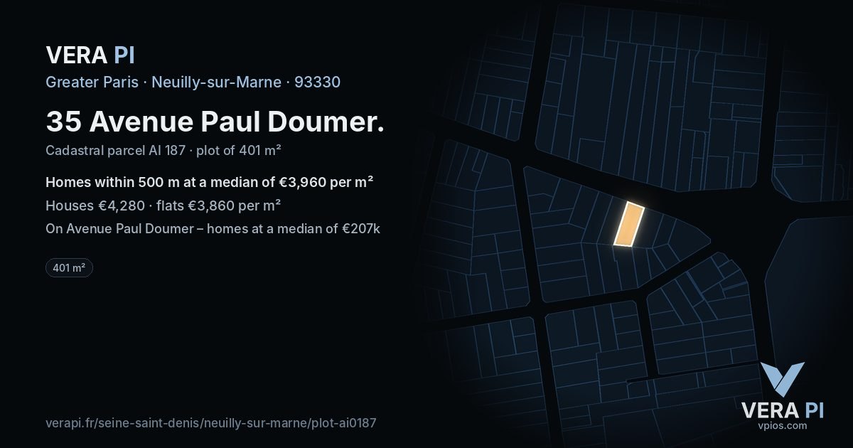 35 Avenue Paul Doumer, Neuilly-sur-Marne at night – the plot lit, the parcels around coloured by the prices near them