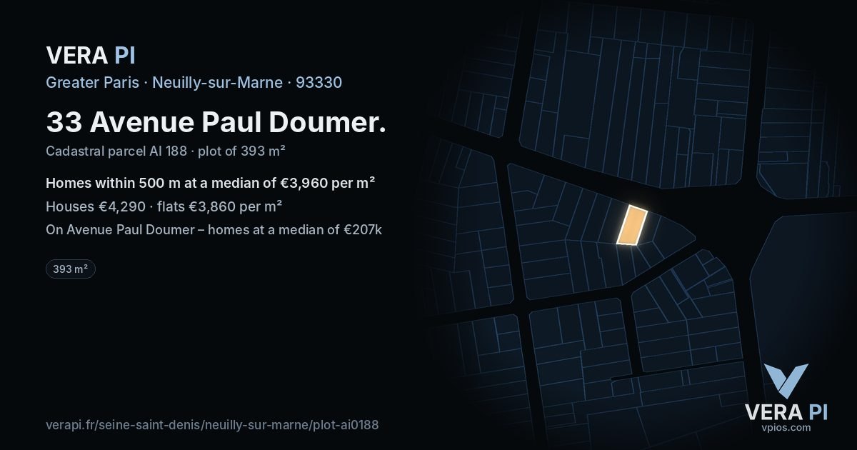33 Avenue Paul Doumer, Neuilly-sur-Marne at night – the plot lit, the parcels around coloured by the prices near them