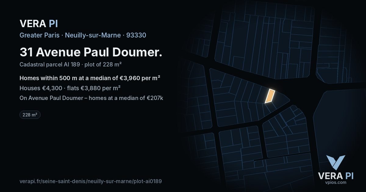31 Avenue Paul Doumer, Neuilly-sur-Marne at night – the plot lit, the parcels around coloured by the prices near them