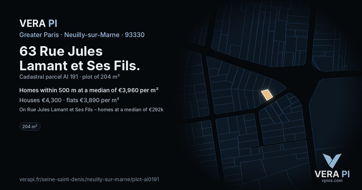 63 Rue Jules Lamant et Ses Fils, Neuilly-sur-Marne at night – the plot lit, the parcels around coloured by the prices near them