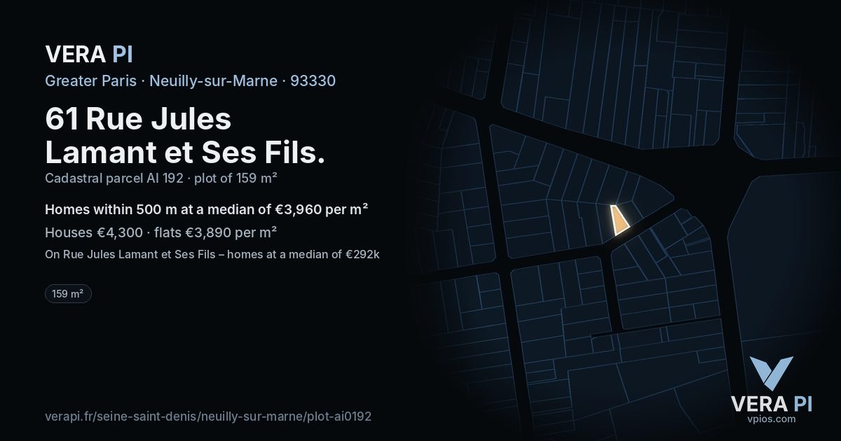 61 Rue Jules Lamant et Ses Fils, Neuilly-sur-Marne at night – the plot lit, the parcels around coloured by the prices near them