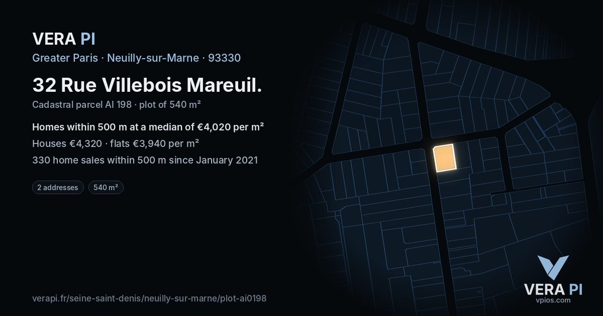 32 Rue Villebois Mareuil, Neuilly-sur-Marne at night – the plot lit, the parcels around coloured by the prices near them