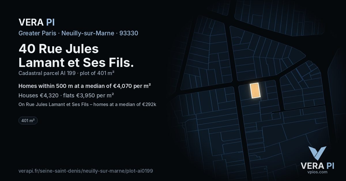 40 Rue Jules Lamant et Ses Fils, Neuilly-sur-Marne at night – the plot lit, the parcels around coloured by the prices near them