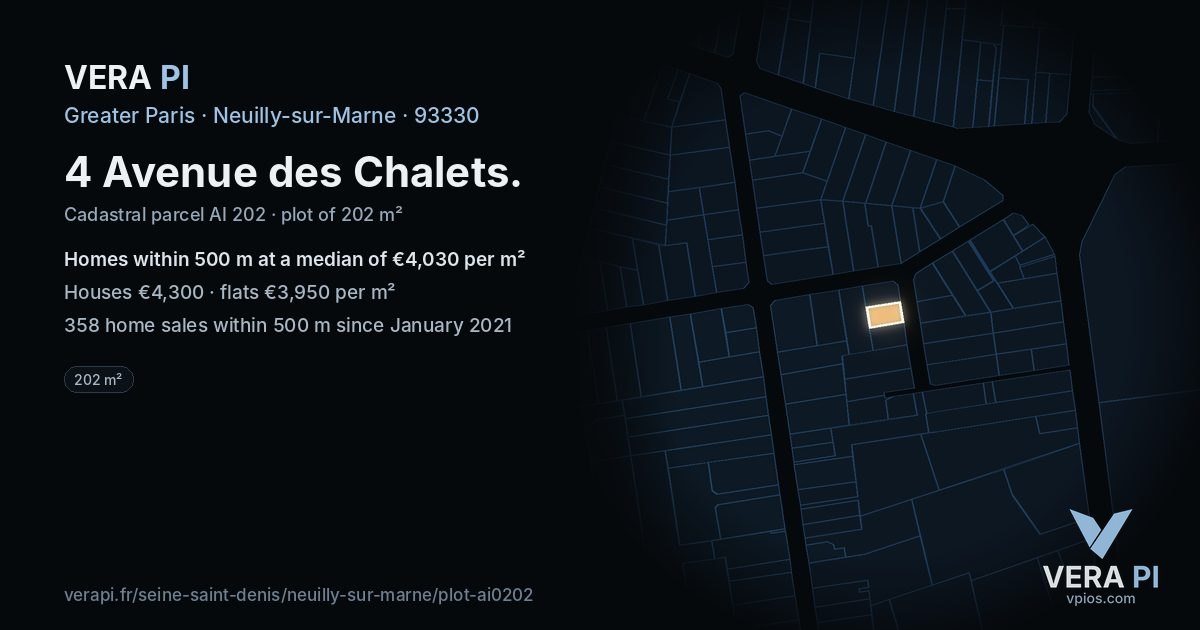 4 Avenue des Chalets, Neuilly-sur-Marne at night – the plot lit, the parcels around coloured by the prices near them