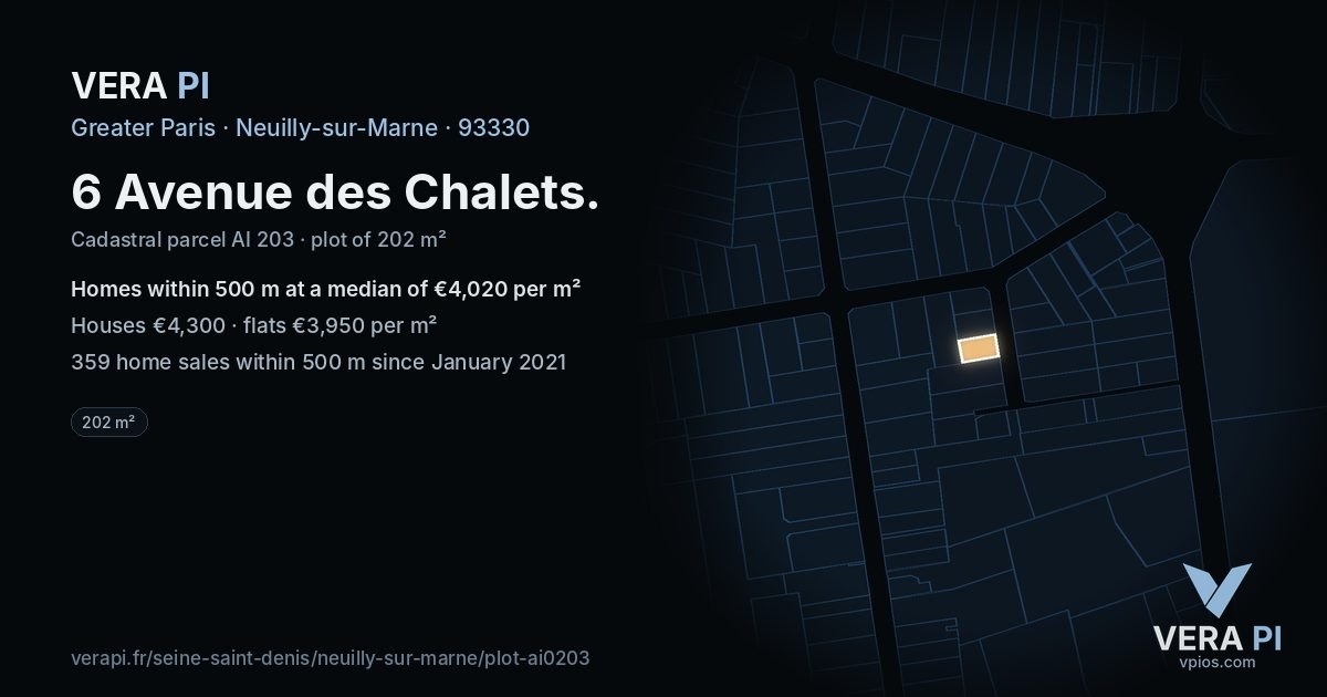 6 Avenue des Chalets, Neuilly-sur-Marne at night – the plot lit, the parcels around coloured by the prices near them