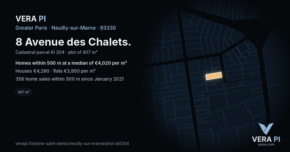 8 Avenue des Chalets, Neuilly-sur-Marne at night – the plot lit, the parcels around coloured by the prices near them