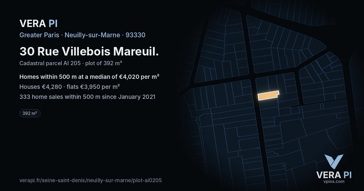30 Rue Villebois Mareuil, Neuilly-sur-Marne at night – the plot lit, the parcels around coloured by the prices near them