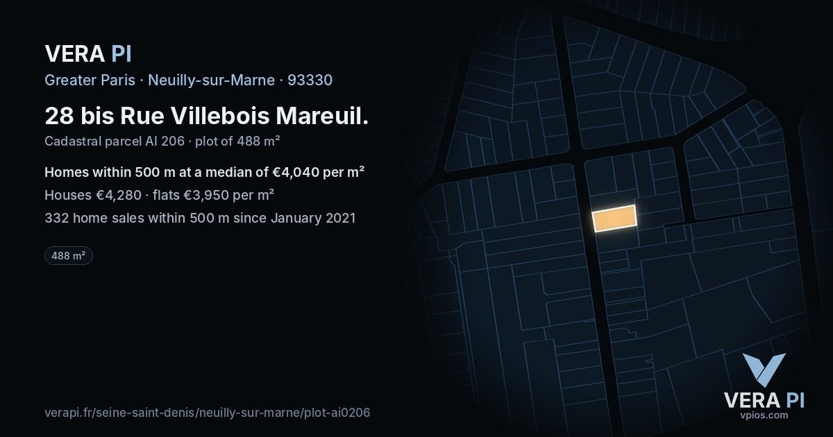 28 bis Rue Villebois Mareuil, Neuilly-sur-Marne at night – the plot lit, the parcels around coloured by the prices near them