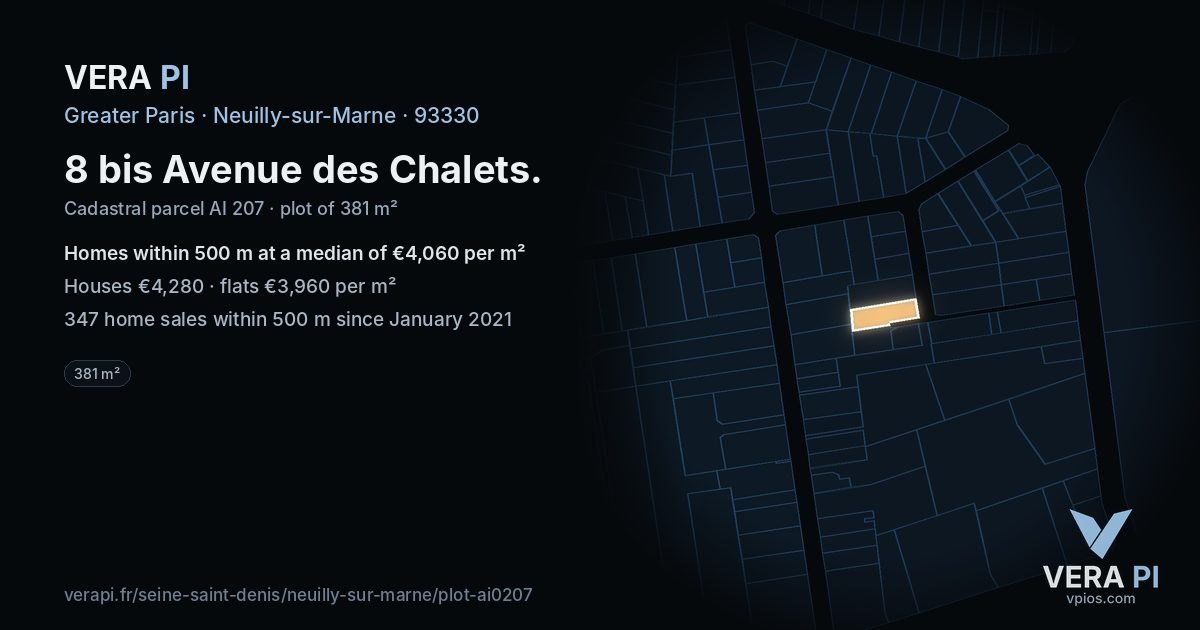 8 bis Avenue des Chalets, Neuilly-sur-Marne at night – the plot lit, the parcels around coloured by the prices near them