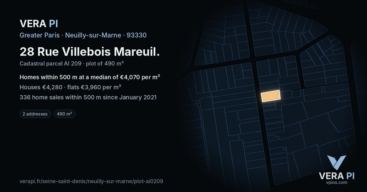 28 Rue Villebois Mareuil, Neuilly-sur-Marne at night – the plot lit, the parcels around coloured by the prices near them