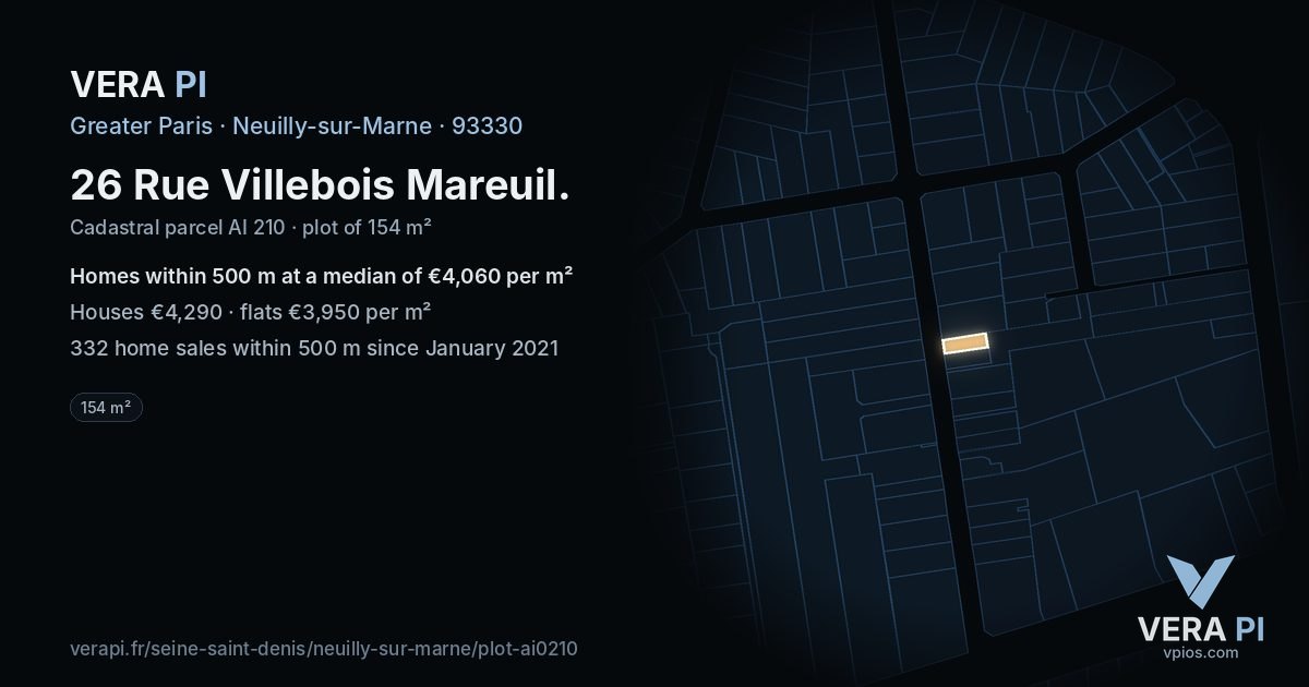26 Rue Villebois Mareuil, Neuilly-sur-Marne at night – the plot lit, the parcels around coloured by the prices near them