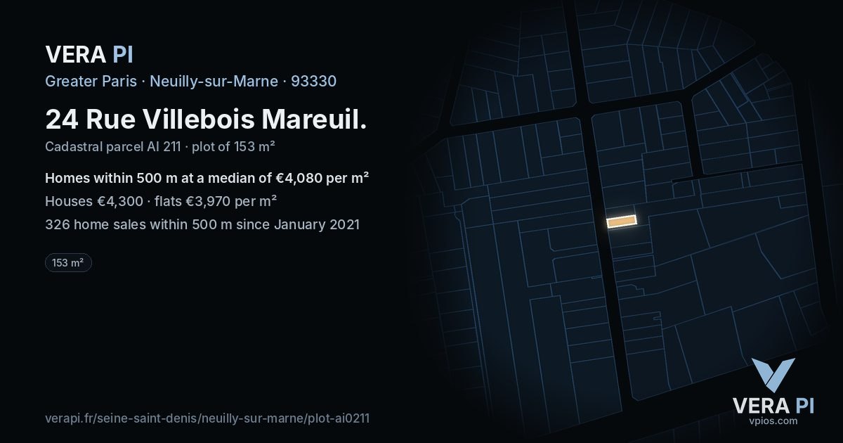 24 Rue Villebois Mareuil, Neuilly-sur-Marne at night – the plot lit, the parcels around coloured by the prices near them