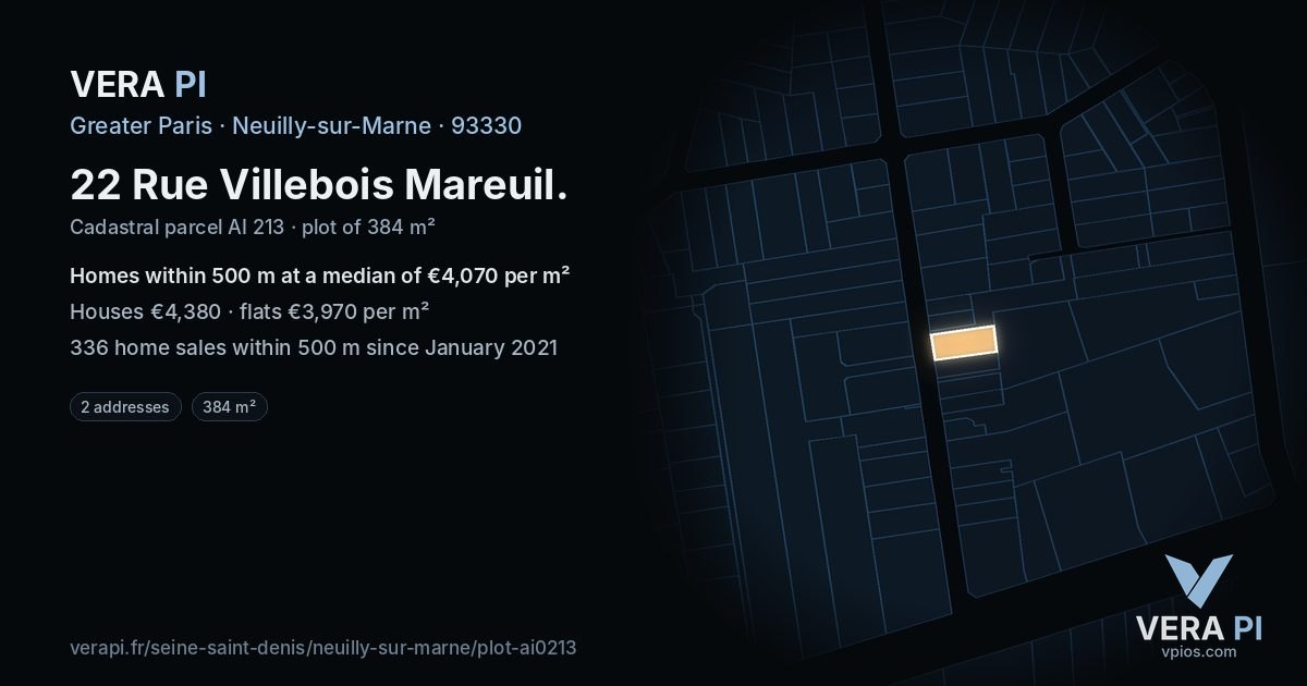 22 Rue Villebois Mareuil, Neuilly-sur-Marne at night – the plot lit, the parcels around coloured by the prices near them