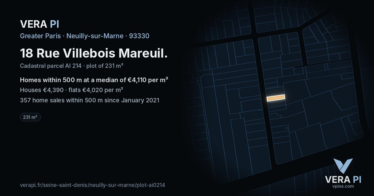 18 Rue Villebois Mareuil, Neuilly-sur-Marne at night – the plot lit, the parcels around coloured by the prices near them