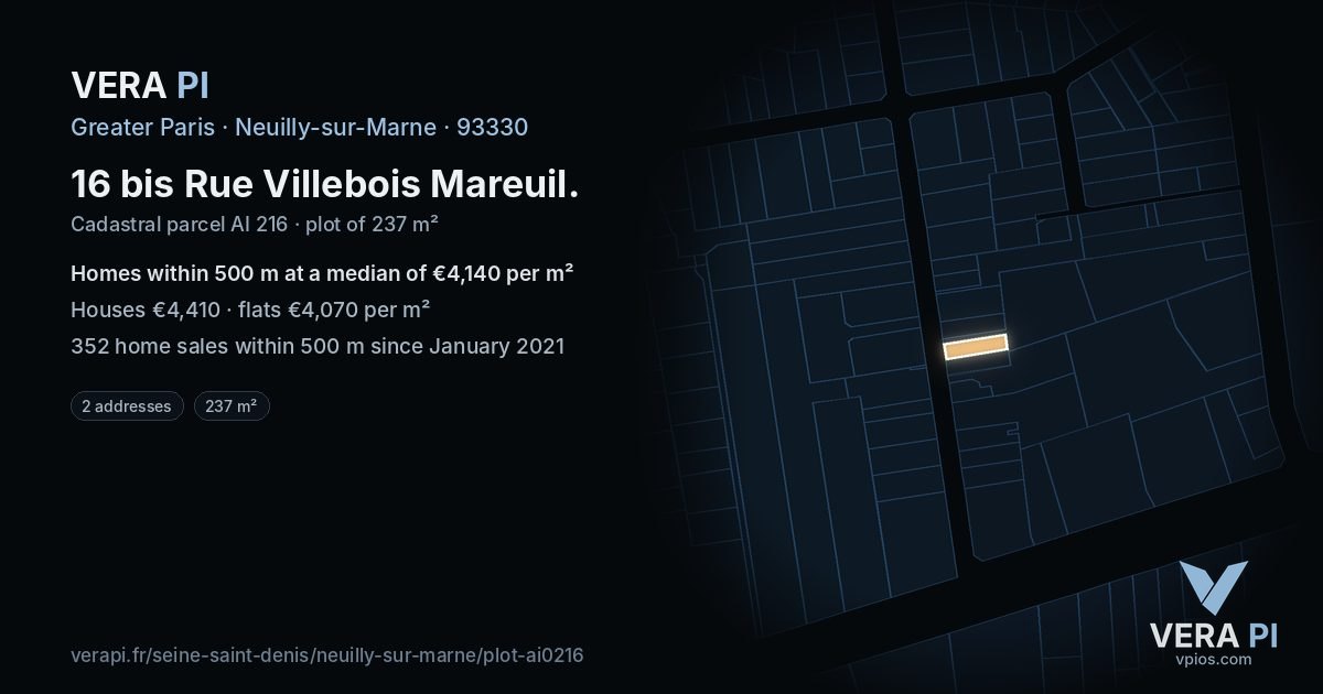 16 bis Rue Villebois Mareuil, Neuilly-sur-Marne at night – the plot lit, the parcels around coloured by the prices near them