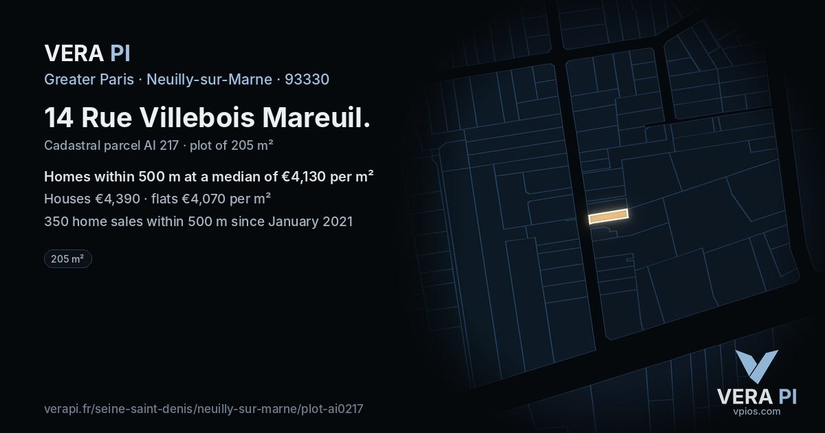14 Rue Villebois Mareuil, Neuilly-sur-Marne at night – the plot lit, the parcels around coloured by the prices near them