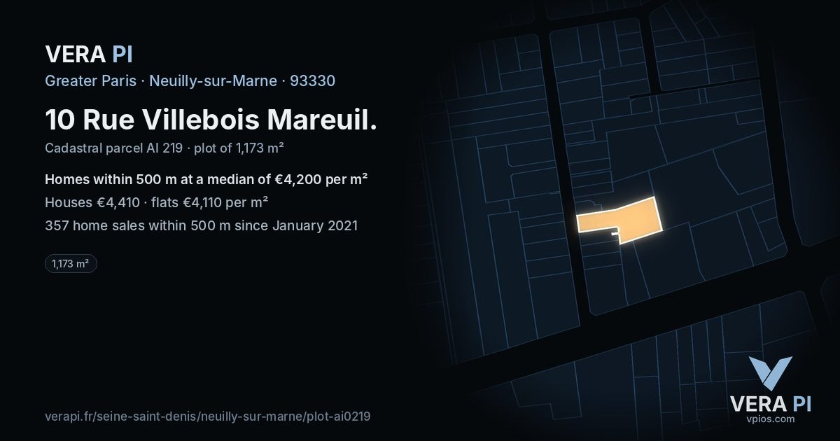 10 Rue Villebois Mareuil, Neuilly-sur-Marne at night – the plot lit, the parcels around coloured by the prices near them