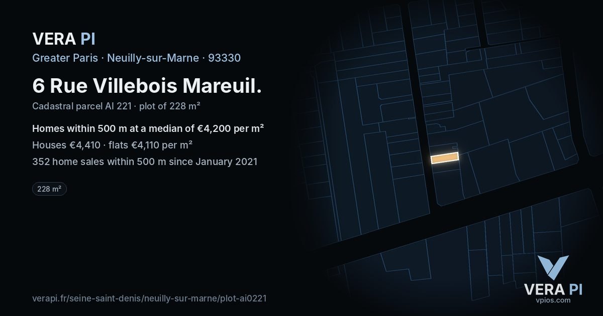 6 Rue Villebois Mareuil, Neuilly-sur-Marne at night – the plot lit, the parcels around coloured by the prices near them