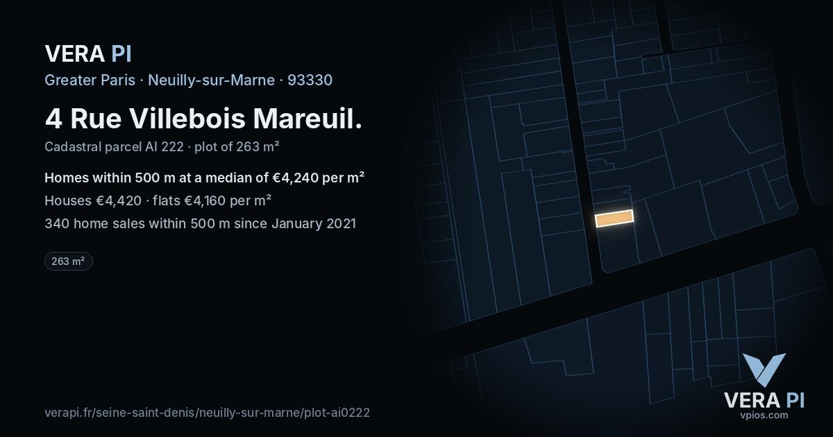 4 Rue Villebois Mareuil, Neuilly-sur-Marne at night – the plot lit, the parcels around coloured by the prices near them