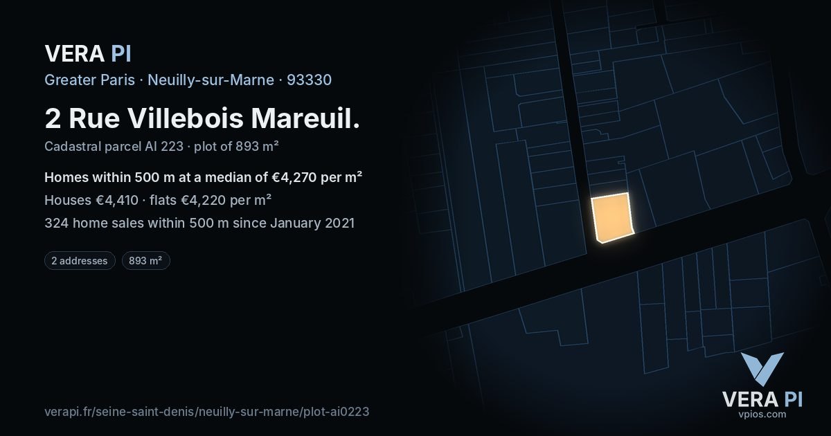 2 Rue Villebois Mareuil, Neuilly-sur-Marne at night – the plot lit, the parcels around coloured by the prices near them