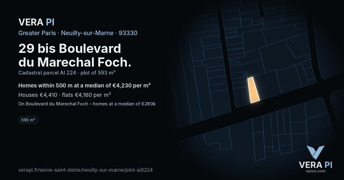 29 bis Boulevard du Marechal Foch, Neuilly-sur-Marne at night – the plot lit, the parcels around coloured by the prices near them