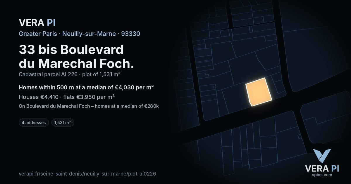 33 bis Boulevard du Marechal Foch, Neuilly-sur-Marne at night – the plot lit, the parcels around coloured by the prices near them