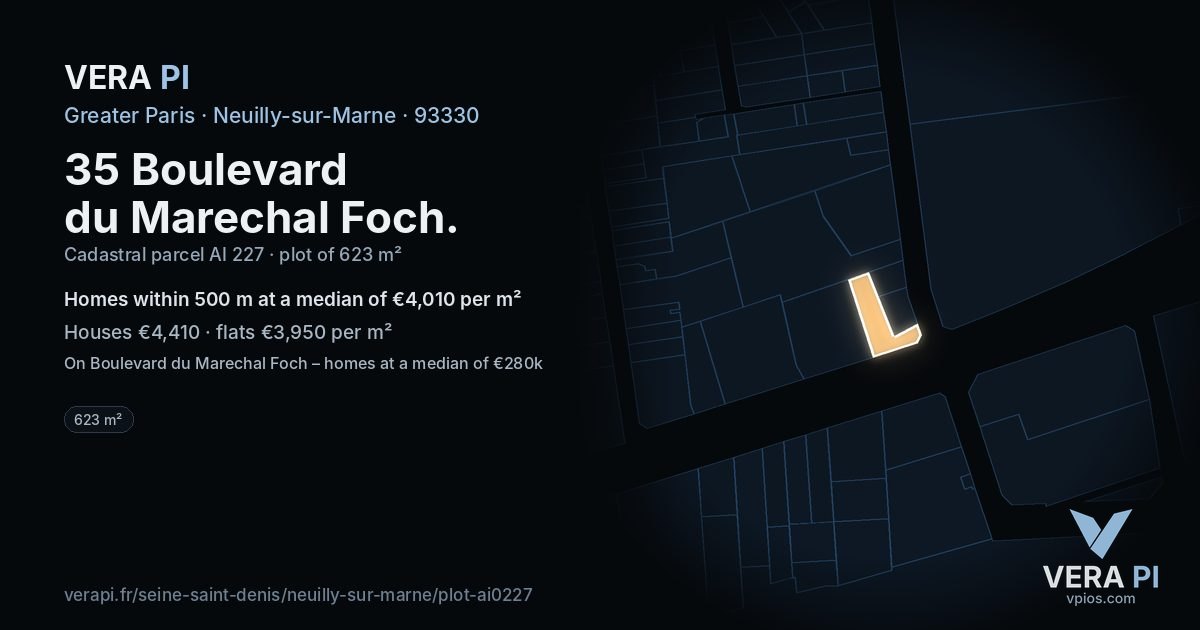 35 Boulevard du Marechal Foch, Neuilly-sur-Marne at night – the plot lit, the parcels around coloured by the prices near them