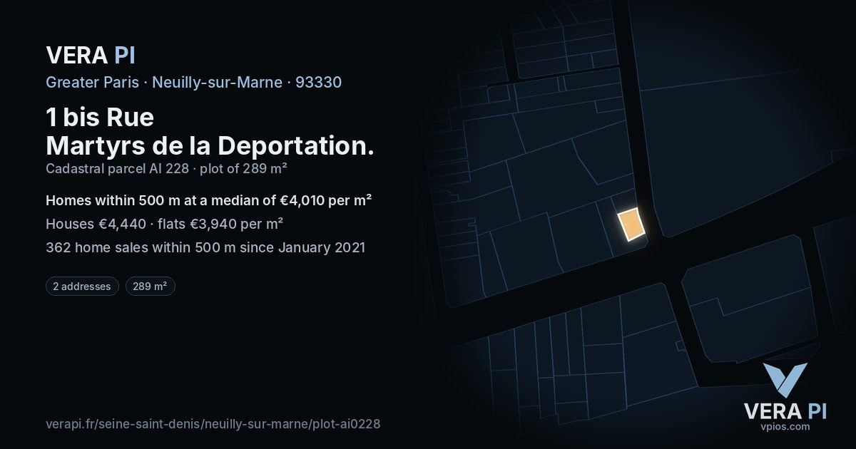 1 bis Rue Martyrs de la Deportation, Neuilly-sur-Marne at night – the plot lit, the parcels around coloured by the prices near them