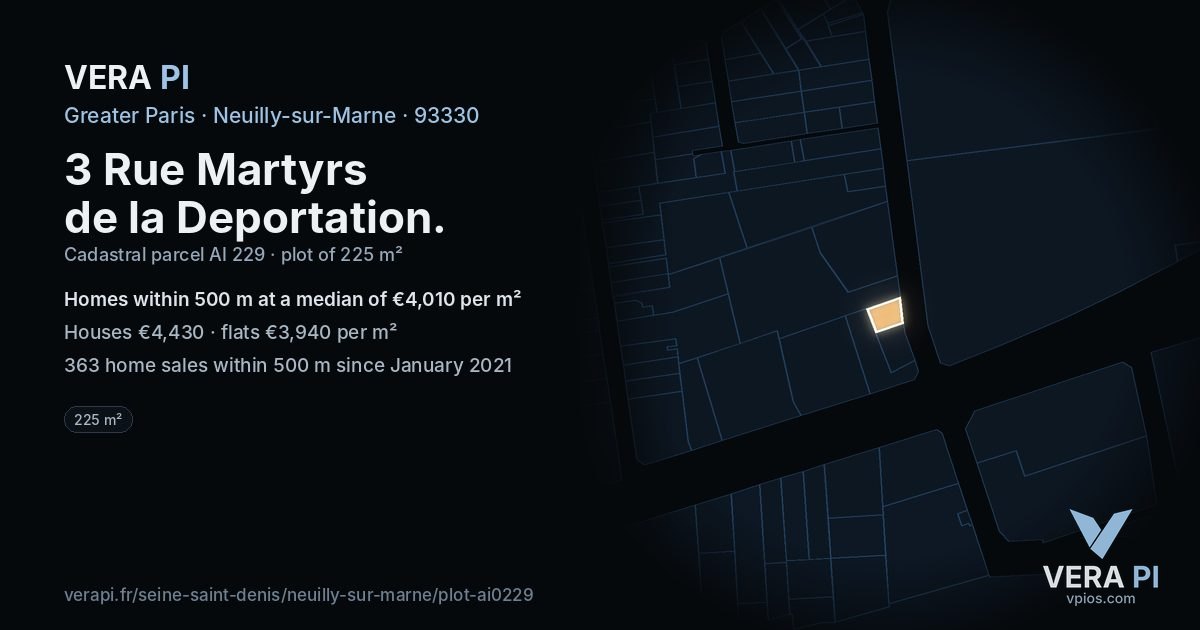 3 Rue Martyrs de la Deportation, Neuilly-sur-Marne at night – the plot lit, the parcels around coloured by the prices near them