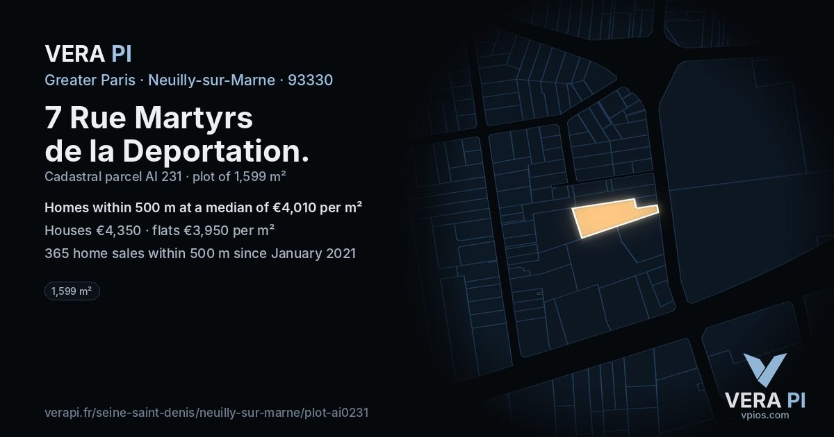 7 Rue Martyrs de la Deportation, Neuilly-sur-Marne at night – the plot lit, the parcels around coloured by the prices near them